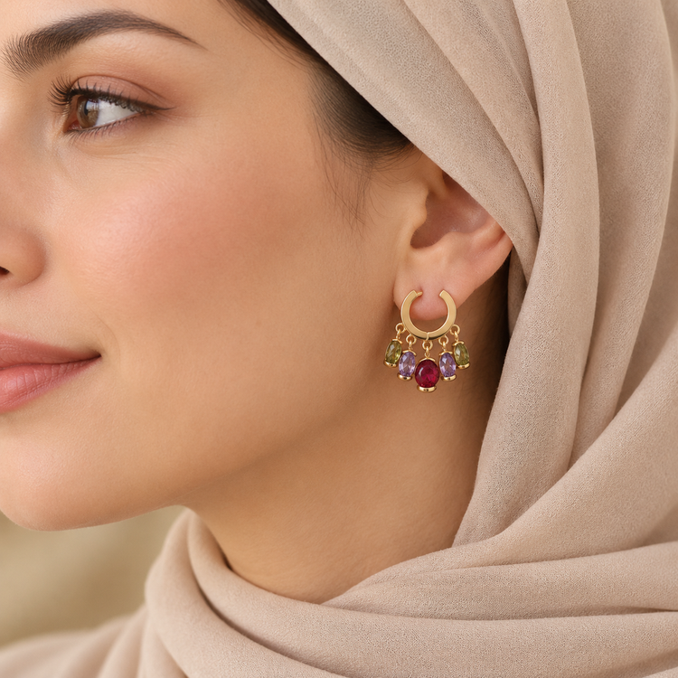 گوشواره حلقهای ژوپینگ مدل آویز کریستال چندرنگ